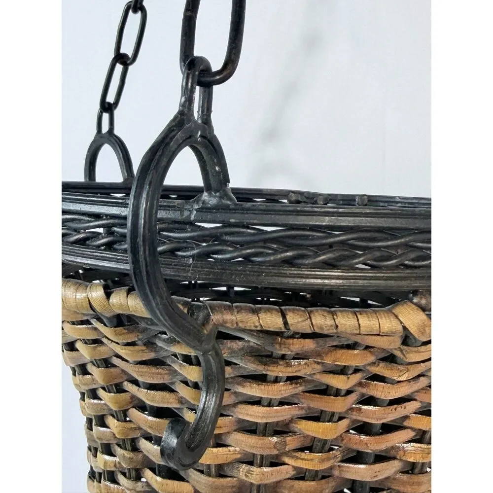 VTG Rattan Metal Bell Shaped Hanging Planter Woven Brown Embellished Decor